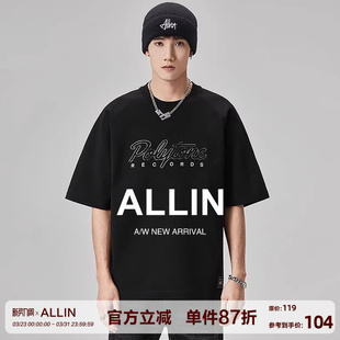 潮牌字母印花体恤半袖 ALLIN 美式 t恤男夏季 宽松圆领上衣 黑色短袖