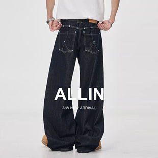 男秋冬宽松丹宁直筒休闲弯刀裤 水洗深蓝色阔腿牛仔裤 子 美式 ALLIN