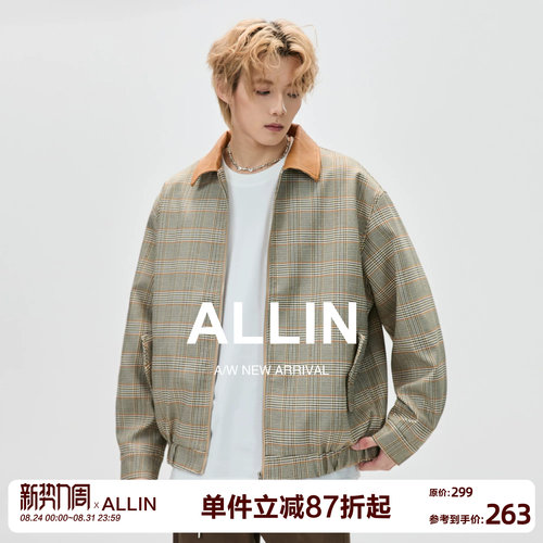 ALLIN 复古老钱风cleanfit翻领夹克男春秋潮牌千鸟格休闲情侣外套