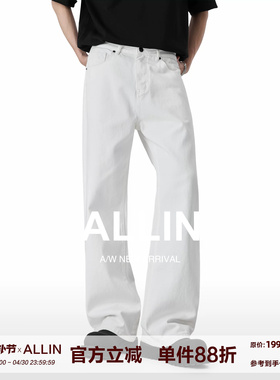 ALLIN 纯棉白色牛仔裤男夏季美式水洗高街宽松直筒阔腿休闲长裤子