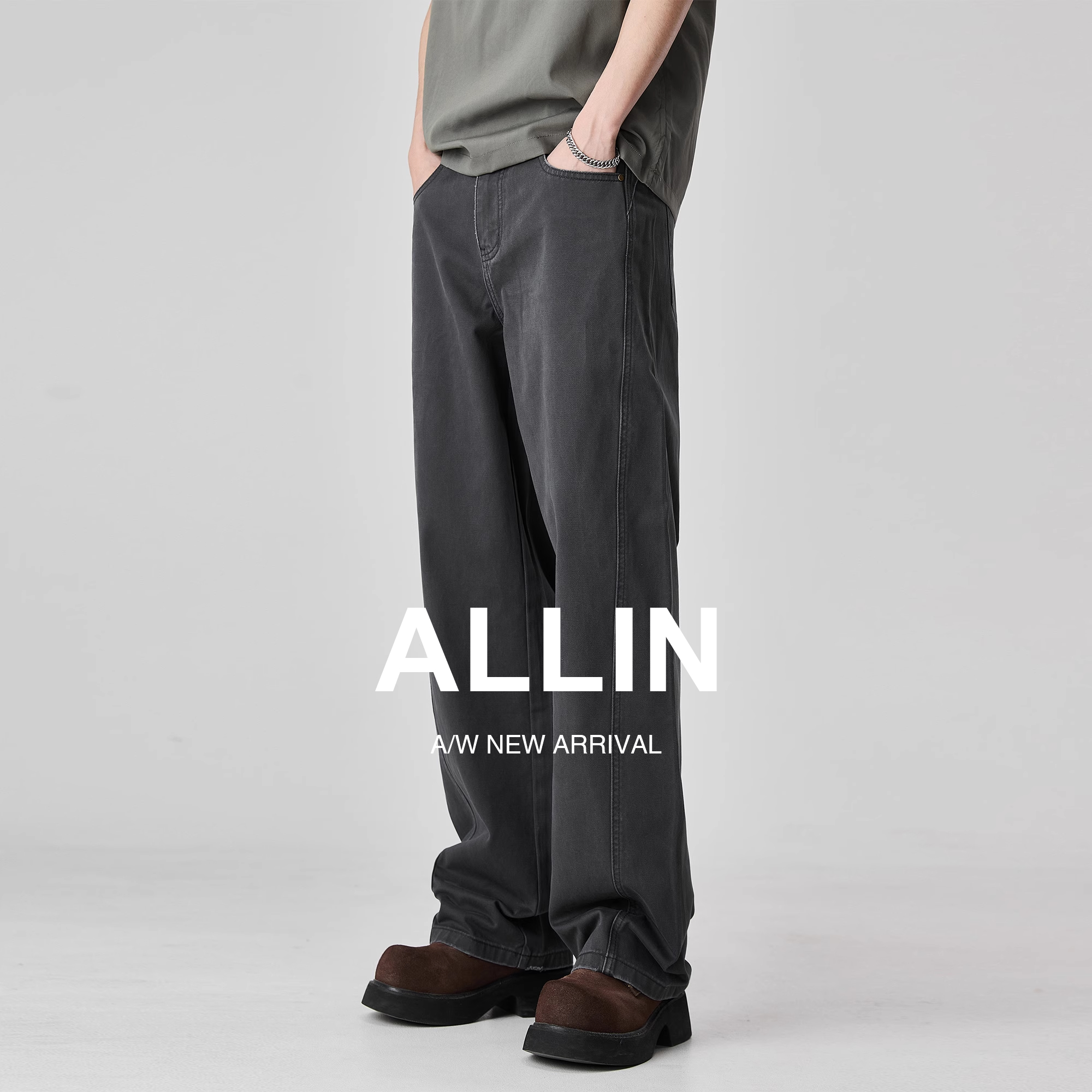 ALLIN 美式牛仔裤男士夏季宽松直筒灰色阔腿裤复古高街休闲长裤子