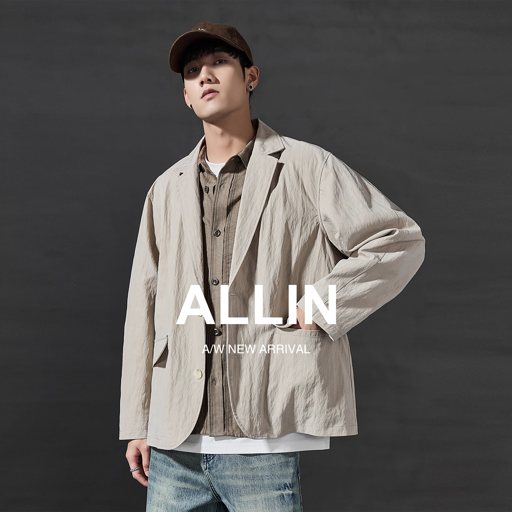 ALLIN 日系宽松廓形休闲西服男秋冬新款cleanfit垂感纯色夹克外套