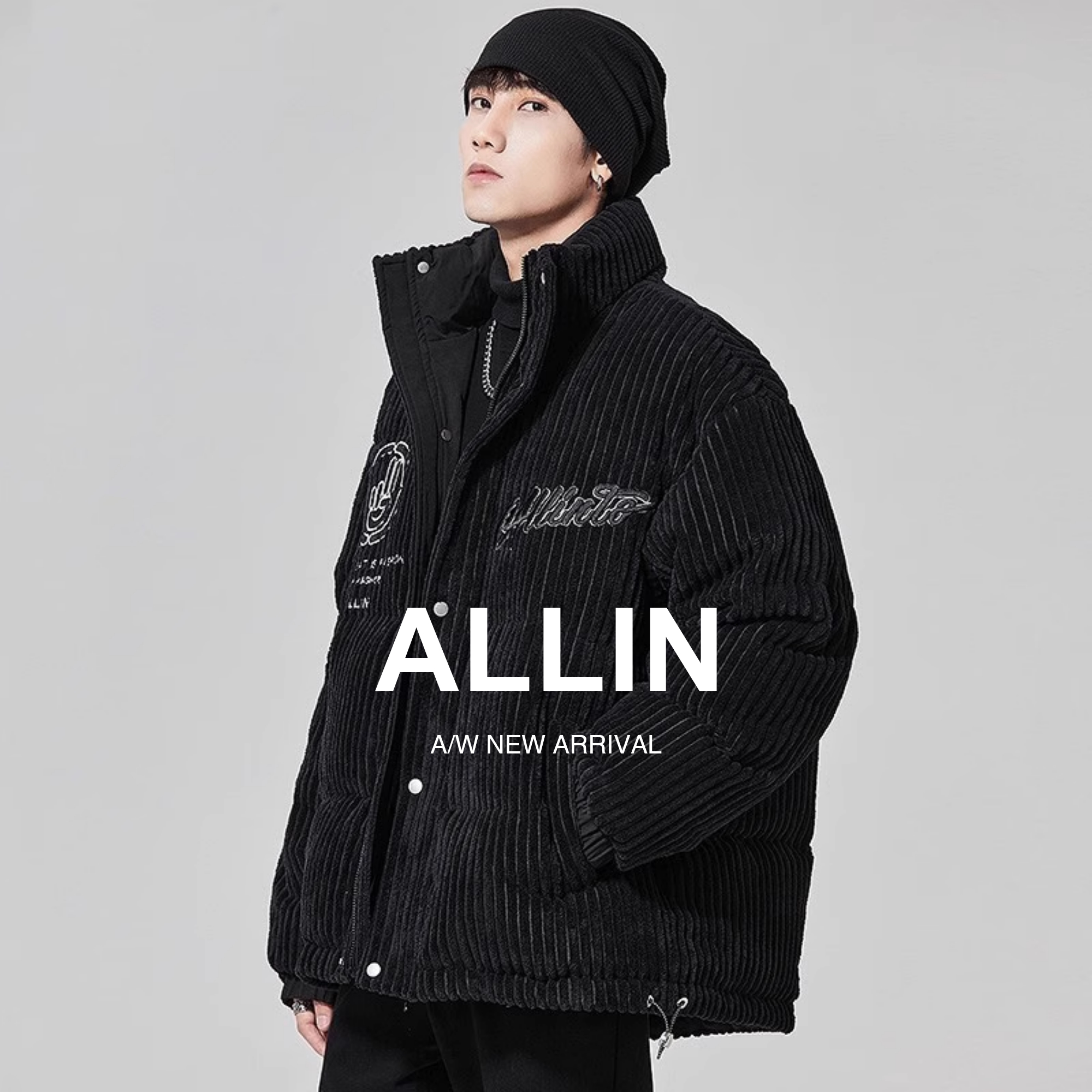 ALLIN黑色立领刺绣灯芯绒羽绒服