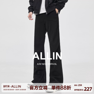 直筒拼接拖地长裤 ALLIN 微喇西裤 男春秋垂感修身 子 黑色褶皱休闲裤