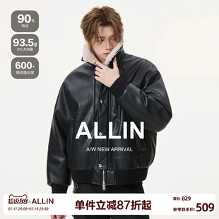 ALLIN 羊羔绒毛翻领皮衣夹克羽绒服男生冬季保暖防风机车情侣外套