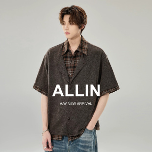 ALLIN 假两件仿兔毛针织短袖衬衫男女夏季透气格子纹翻领拼接衬衣