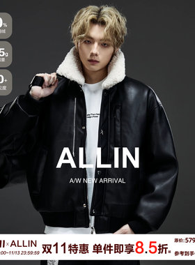 ALLIN 黑色可拆卸羊羔毛领皮衣羽绒服男秋冬季情侣机车皮夹克外套