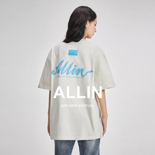 ALLIN 纯棉重磅短袖T恤男女同款白色半袖体恤衫情侣字母印花上衣