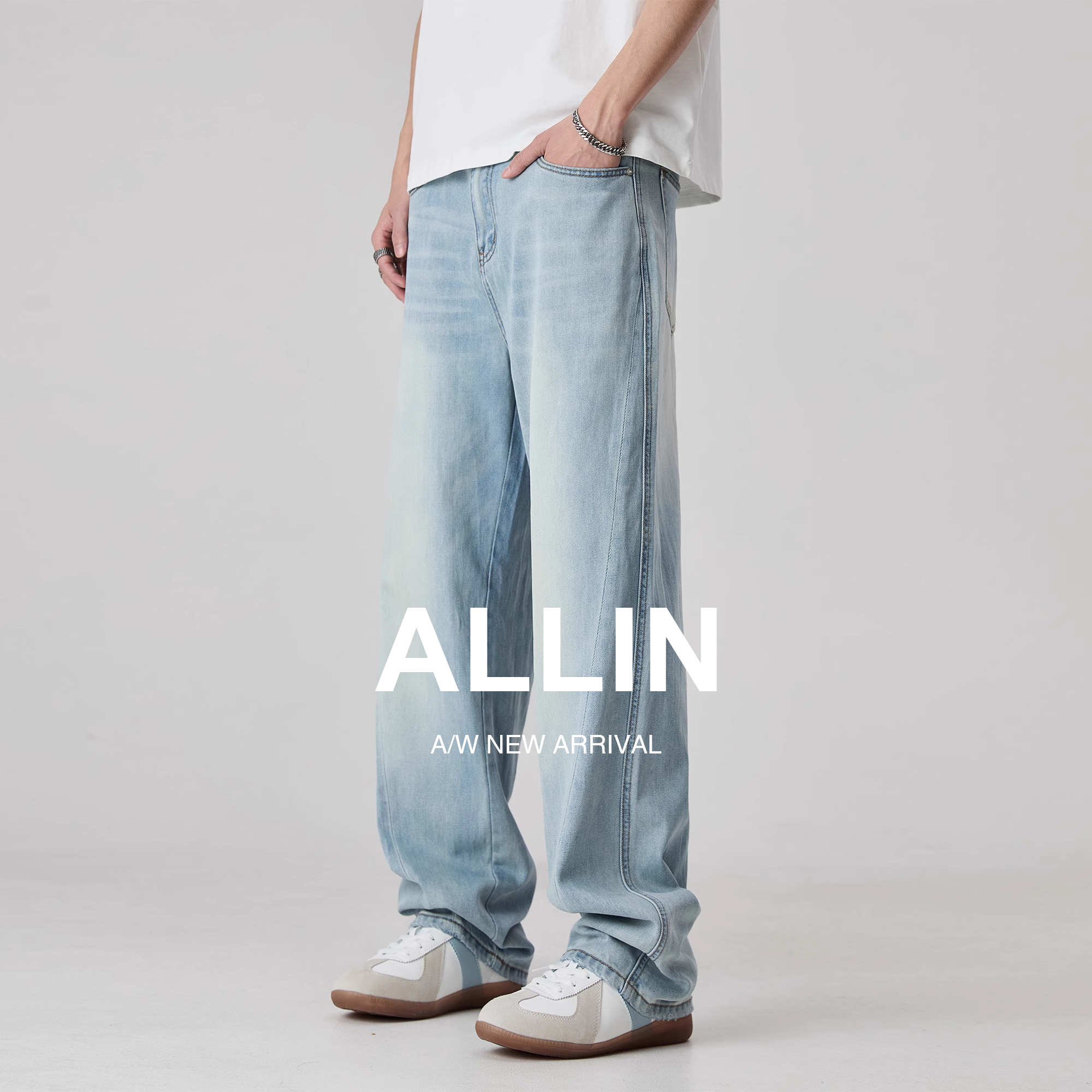 ALLIN 浅蓝色水洗牛仔裤男夏季薄款宽松直筒阔腿裤休闲高街长裤子