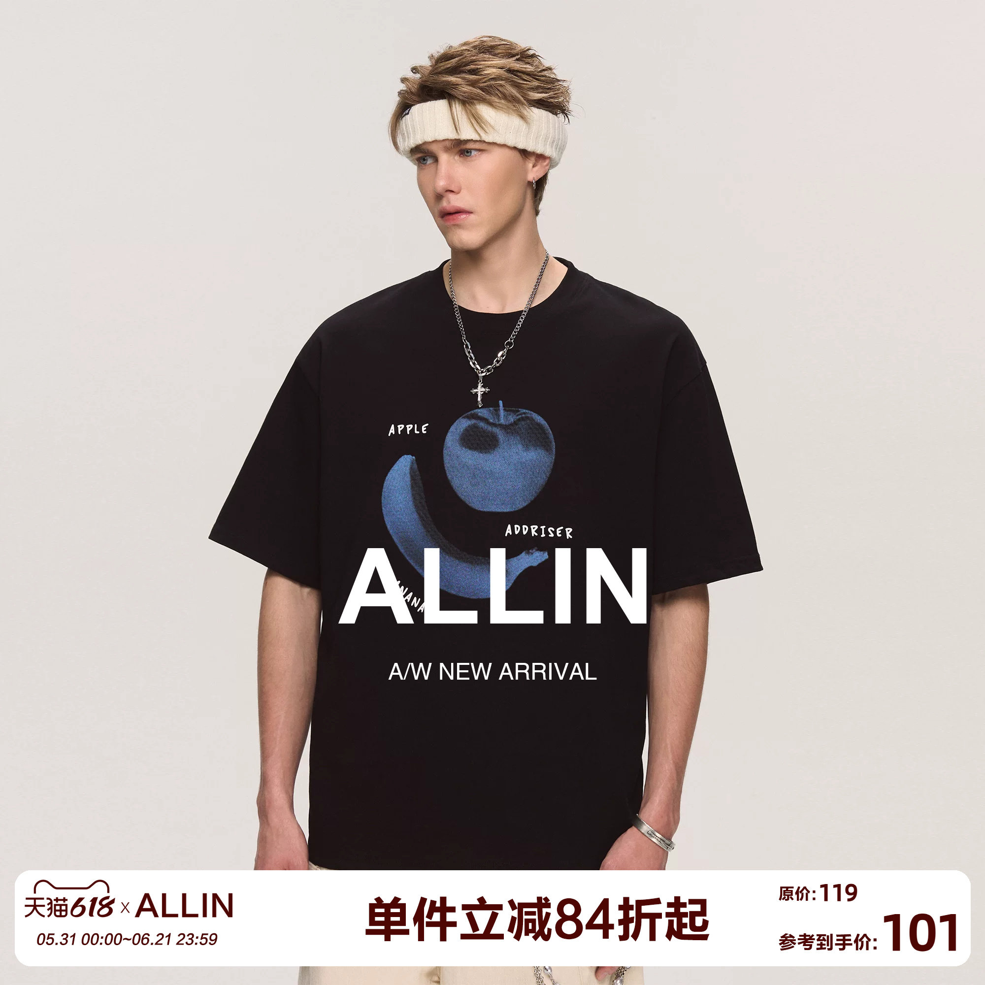 ALLIN 黑色纯棉重磅短袖t恤男夏季水果趣味印花美式潮牌半袖上衣