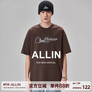 重磅210G潮牌宽松落肩情侣上衣 t恤男夏季 ALLIN 立体字母印花短袖