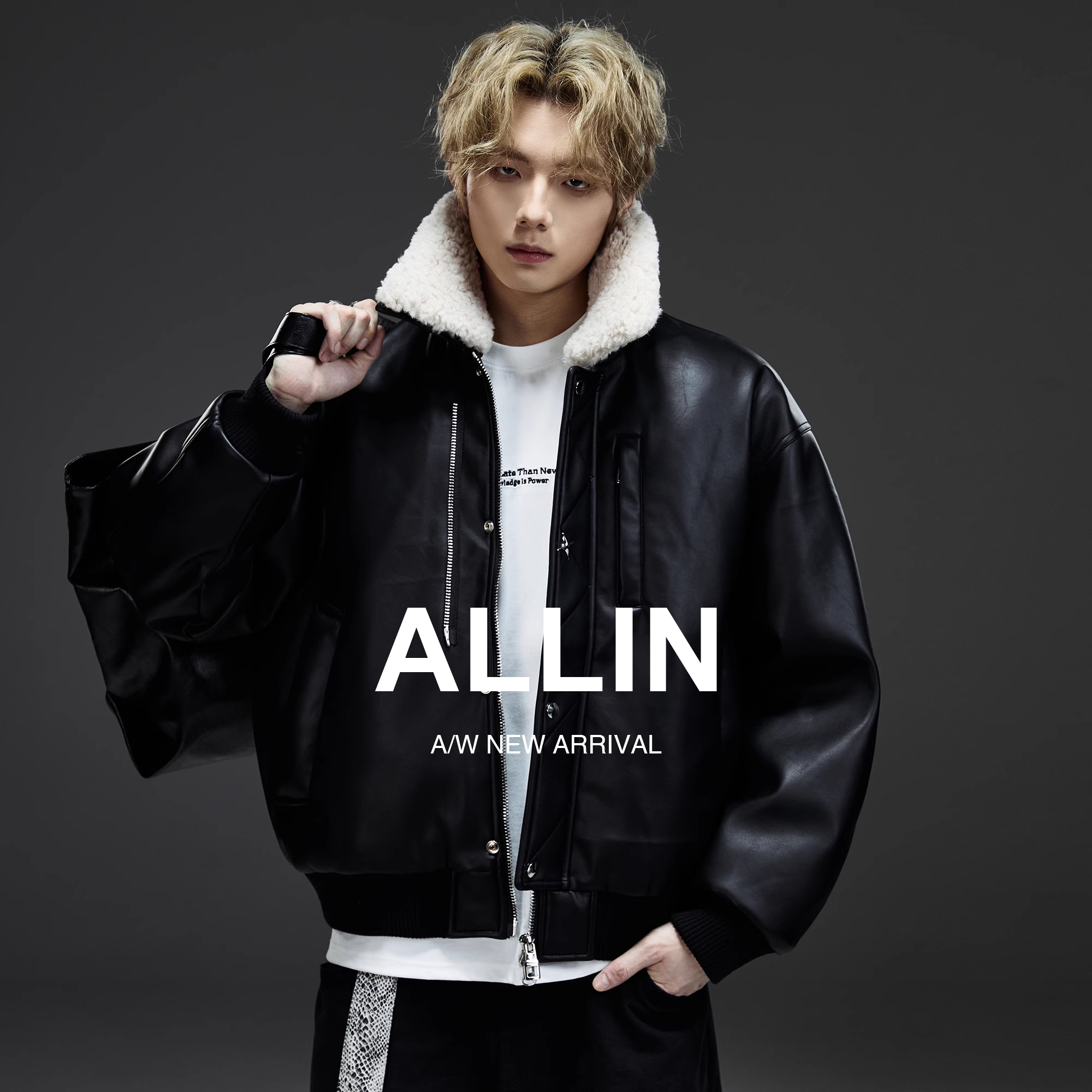 ALLIN 黑色可拆卸羊羔毛领皮衣羽绒服男秋冬季情侣机车皮夹克外套
