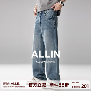 子 男春秋阔腿直筒宽松休闲弯刀长裤 ALLIN 竹节棉莱赛尔混纺牛仔裤