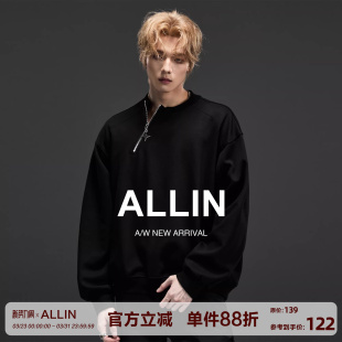 宽松上衣情侣外套 金属侧半拉链落肩袖 ALLIN 黑色重磅卫衣男春秋季