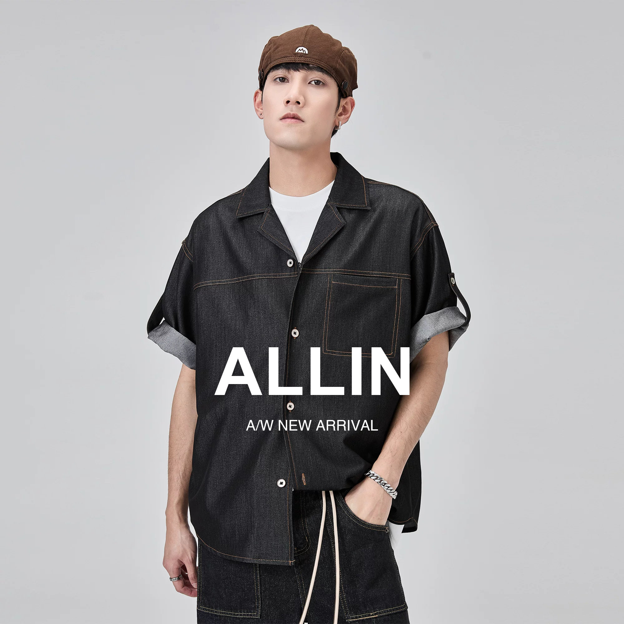 ALLIN 黑色短袖衬衫男夏季复古水洗翻领牛仔外套宽松百搭情侣上