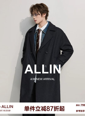 ALLIN 翻领毛呢大衣男士中长款冬季保暖加厚含绵羊毛呢子情侣外套