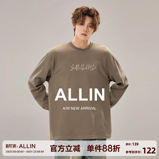 情侣百搭上衣 T恤男春秋圆领字母绣花打底衫 ALLIN 华夫格针织长袖