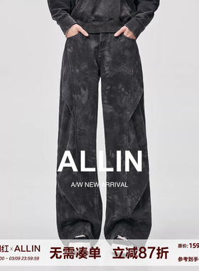 ALLIN 黑灰色印花弯刀牛仔裤男春秋美式水洗褶皱宽松直筒阔腿裤子