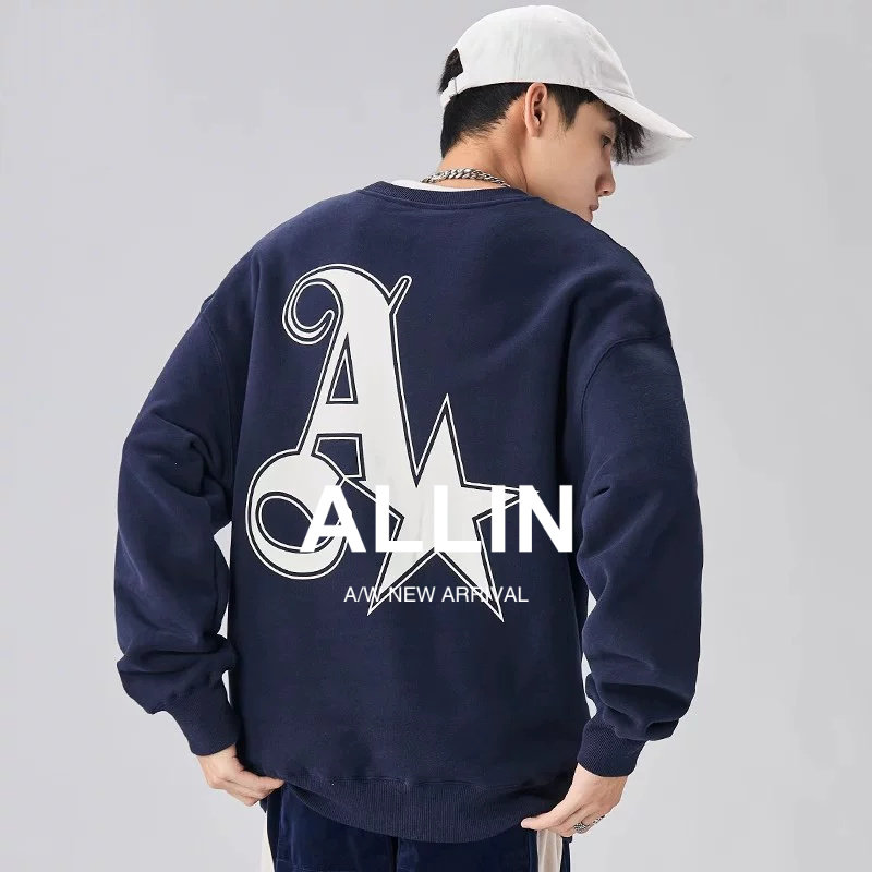 ALLIN 藏青色无帽卫衣男士春秋美式复古潮牌字母印花圆领港风上