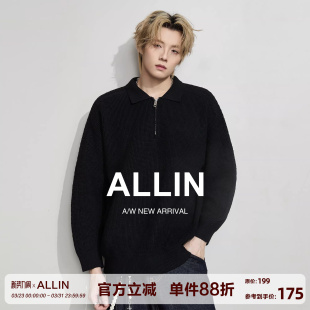 polo翻领慵懒高街休闲百搭针织衫 ALLIN 黑色半拉链毛衣男春秋美式