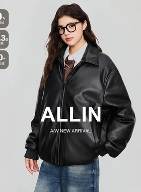 ALLIN 黑色cleanfit翻领PU皮衣羽绒服女冬季保暖情侣机车夹克外套