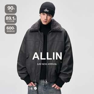 ALLIN 可拆卸毛领羽绒服男冬季防风保暖PU皮衣机车服情侣夹克外套