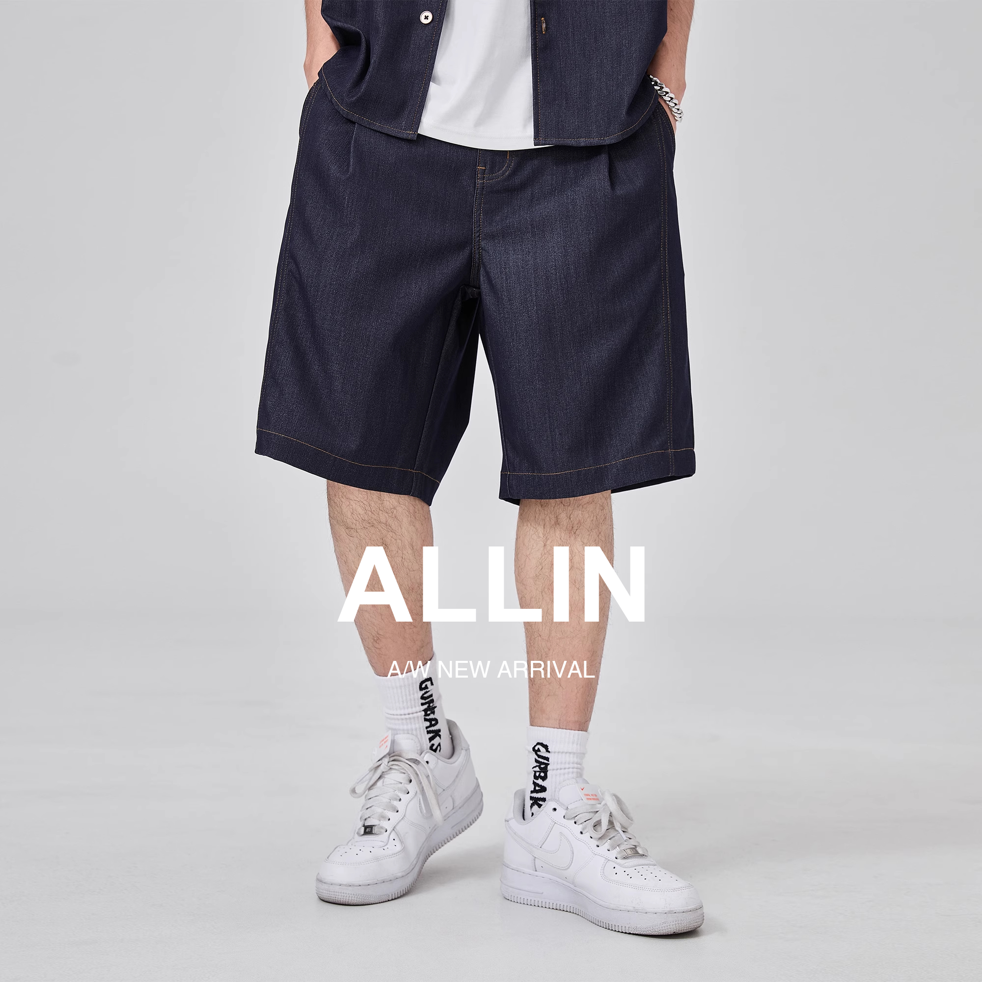 ALLIN 复古牛仔短裤男夏季薄款裤子宽松潮牌休闲直筒五分中裤外穿