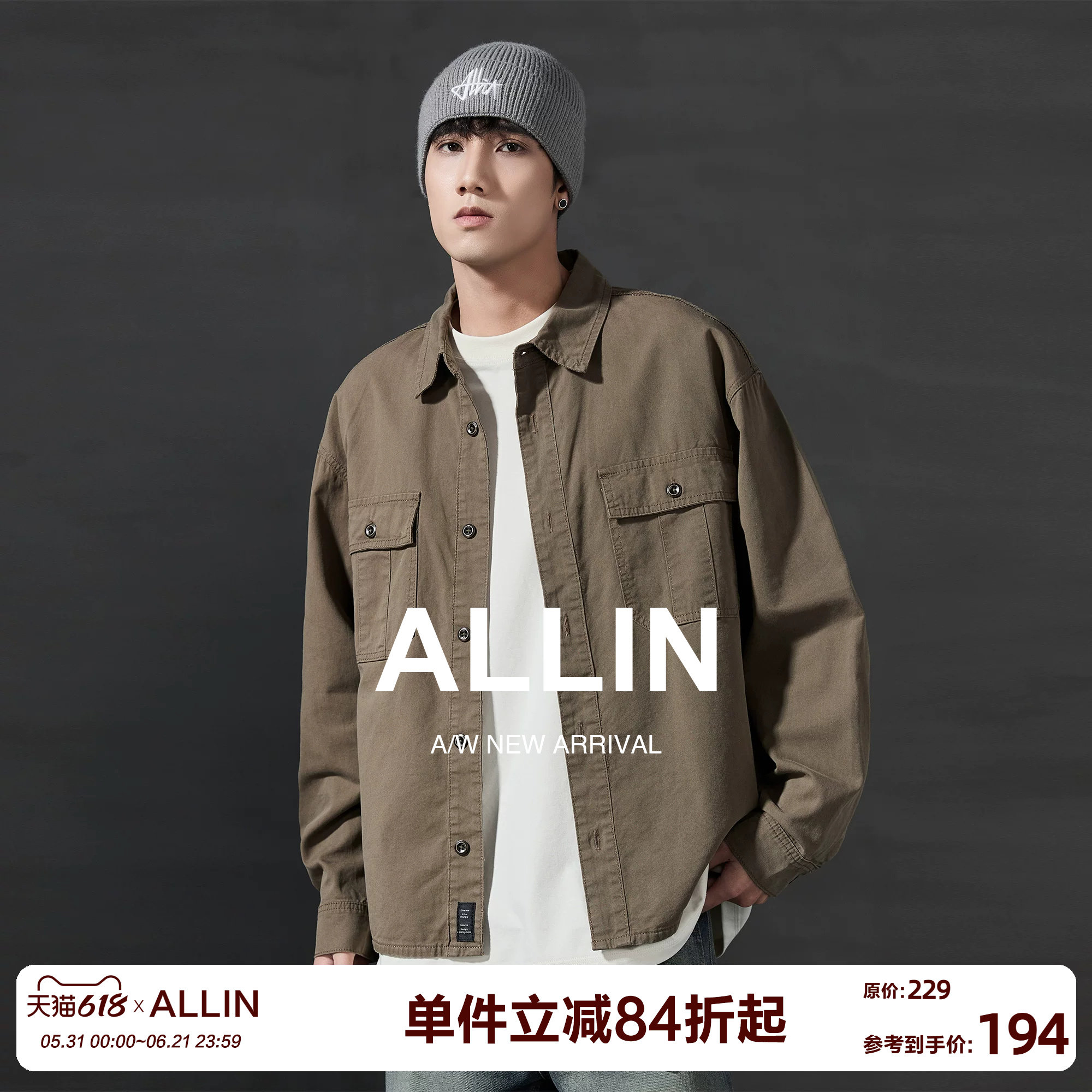 ALLIN 美式休闲复古cleanfit寸衫外套男潮绣衬衣上衣潮