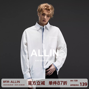 男春秋季 衬衫 纯棉宽松衬衣休闲情侣上衣 格子拼接假两件长袖 ALLIN