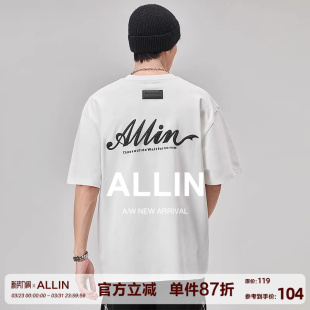 潮牌字母印花半袖 ALLIN 美式 t恤男夏季 情侣上衣 纯棉重磅白色短袖