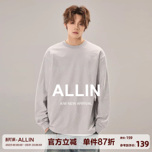 ALLIN T恤男春秋潮牌圆领套头百搭情侣打底上衣 230g重磅廓形长袖