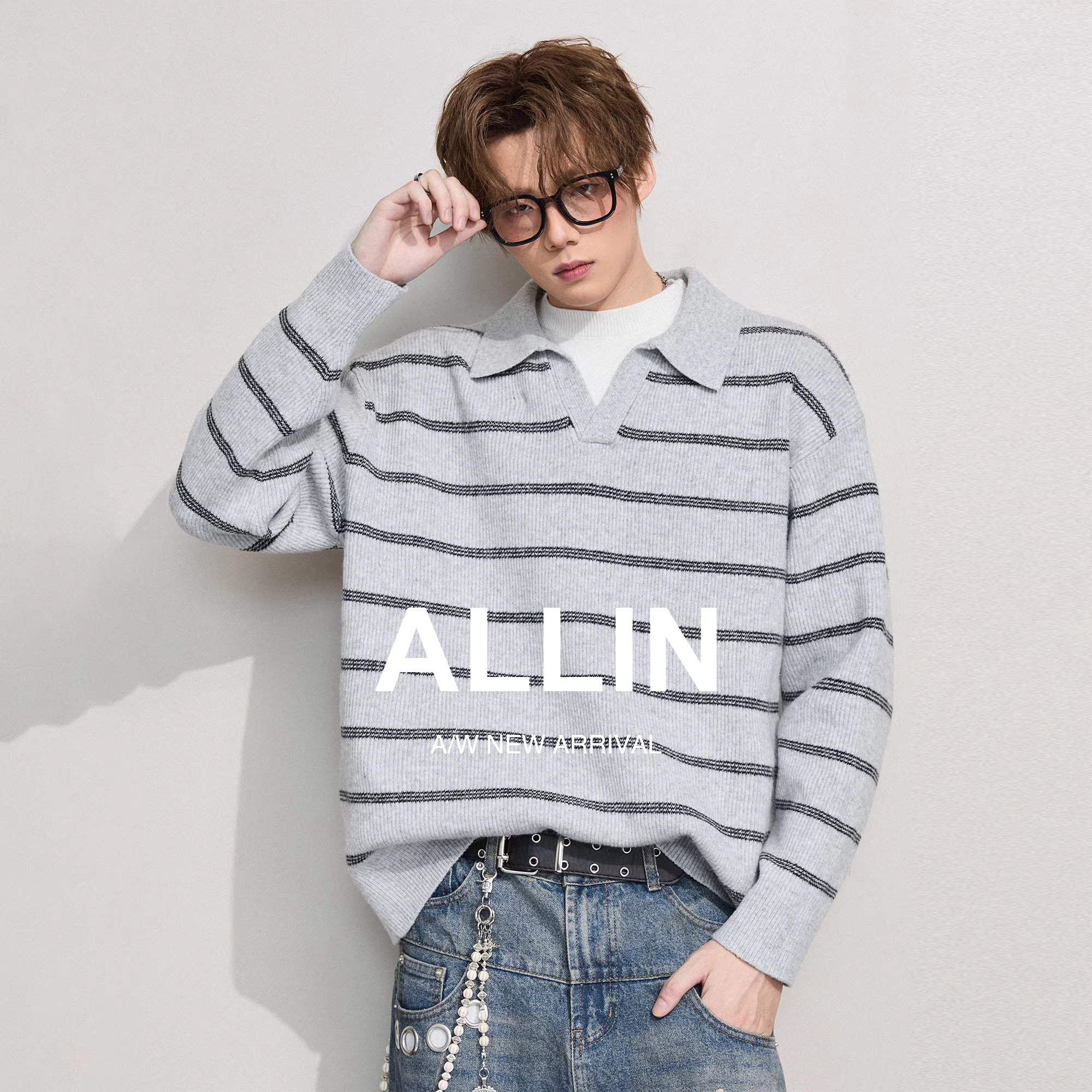 ALLIN 假两件POLO翻领针织衫男春秋季含羊毛条纹休闲情侣慵懒毛衣