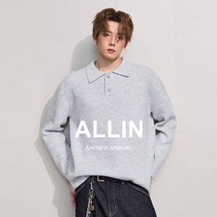 ALLIN 慵懒通勤POLO翻领毛衣男生秋冬情侣半纽扣纯色含羊毛针织衫