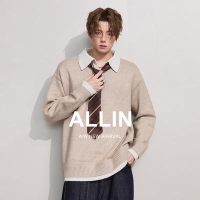 ALLIN 假两件polo翻领拼接毛衣男秋冬季情侣慵懒老钱风V领针织衫