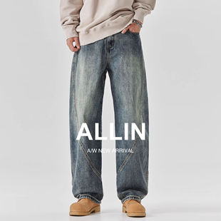 复古水洗牛仔裤 子休闲阔腿长裤 男秋冬季 高街宽松直筒裤 美式 ALLIN