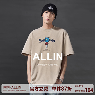 T恤男夏重磅纯棉宽松圆领打底半袖 ALLIN美式 潮牌卡通字母印花短袖