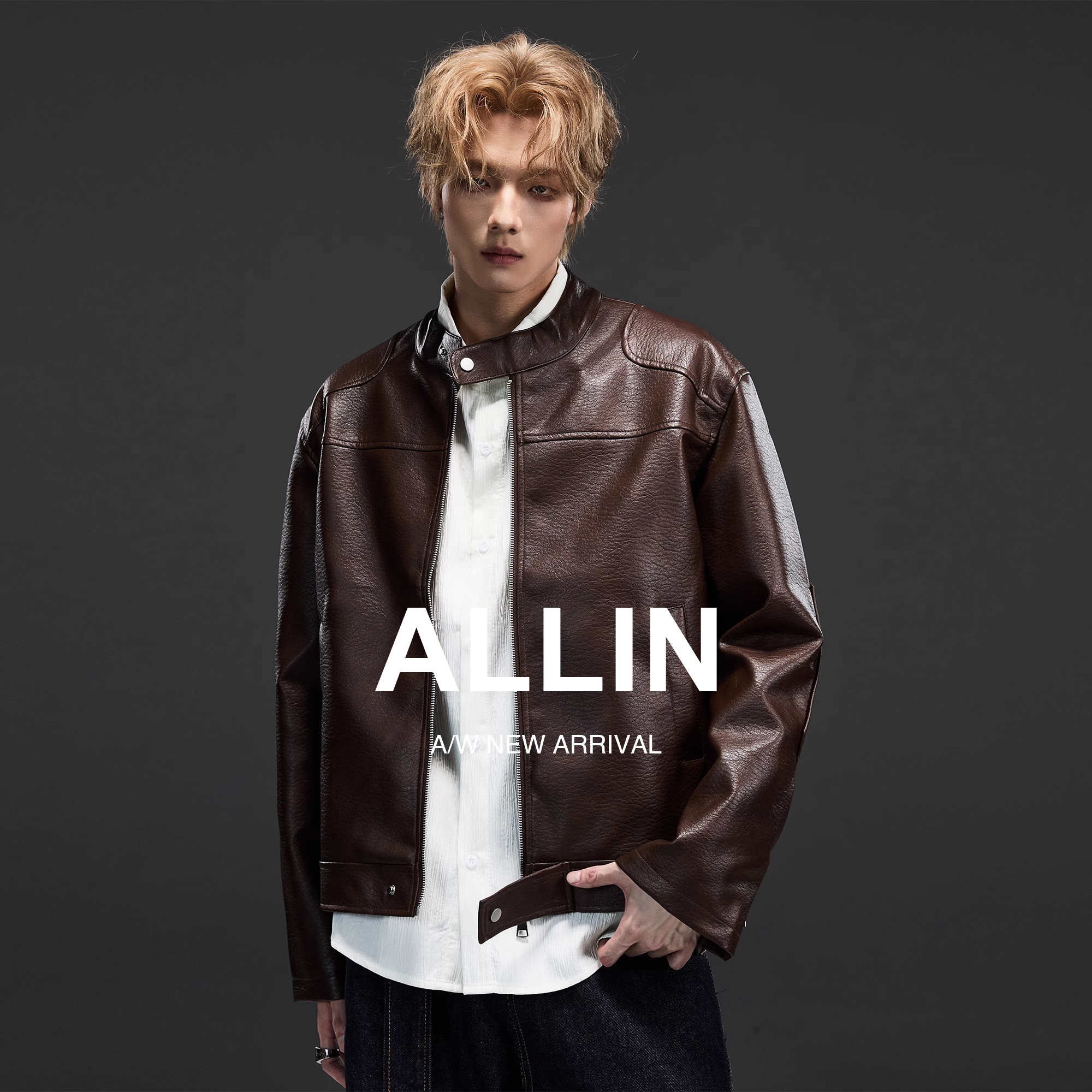 ALLIN 短款宽松立领机车皮衣外套男秋季情侣休闲飞行防风PU皮夹克