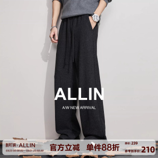 运动抽绳裤 男春秋宽松直筒阔腿弯刀裤 子 黑色含羊毛休闲卫裤 ALLIN