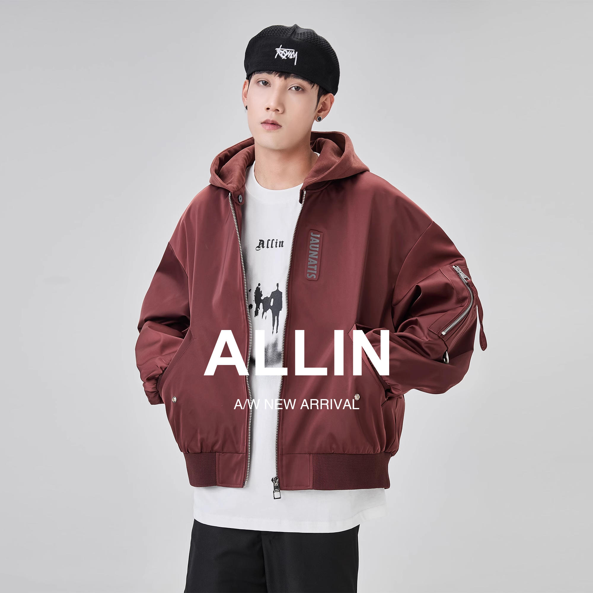 ALLIN 酒红色可拆卸连帽飞行员夹克男美式潮牌廓版棒球服开衫外套