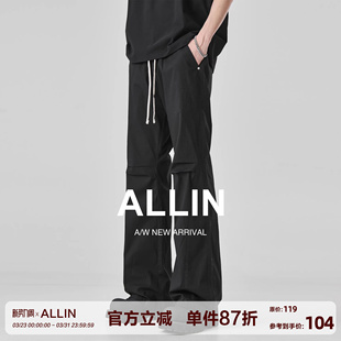 男春秋季 微喇休闲裤 高街直筒喇叭长裤 潮牌修身 子 ALLIN 裤 黑色窄版