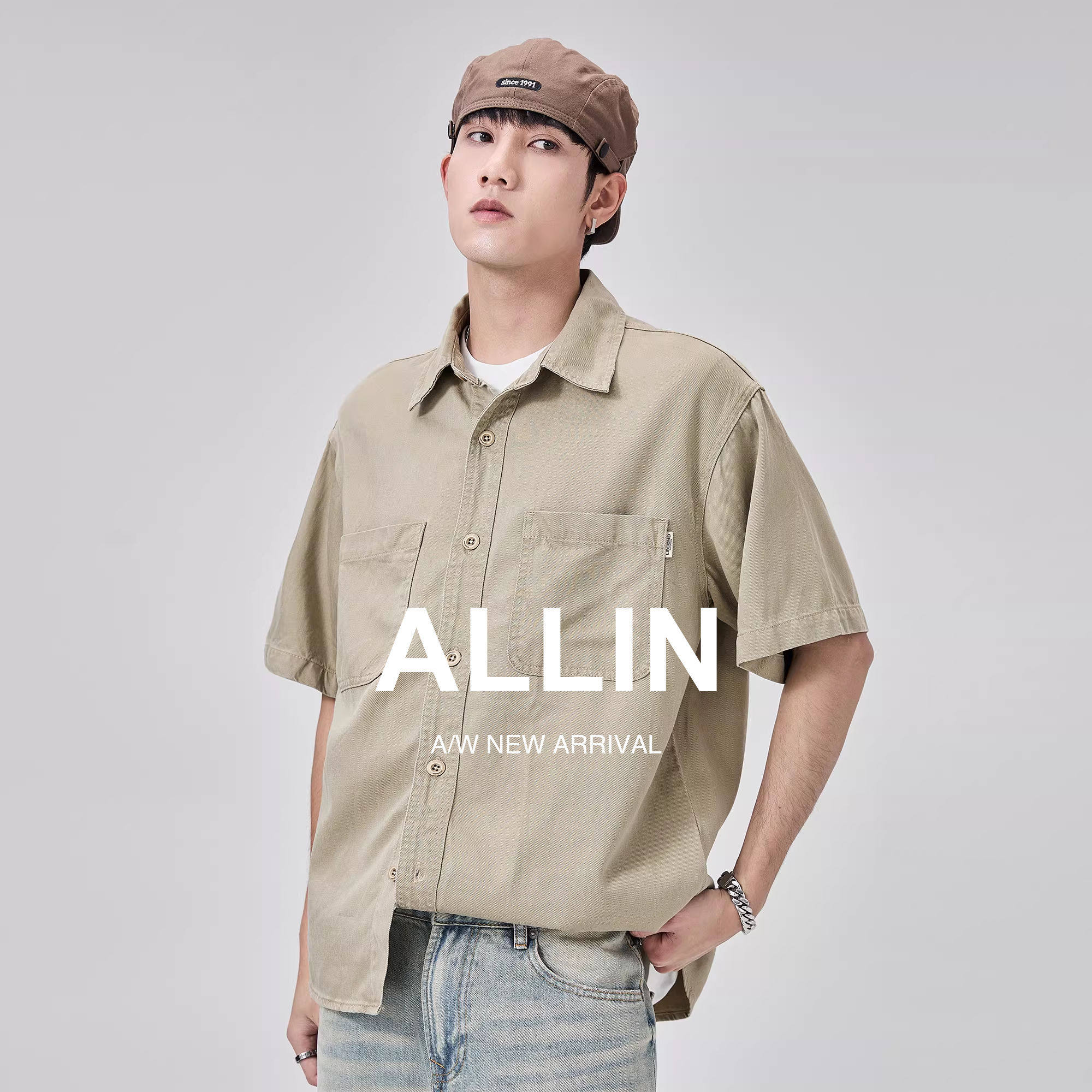 ALLIN 双口袋重磅工装短袖衬衫男夏季2025新款休闲翻领衬衣