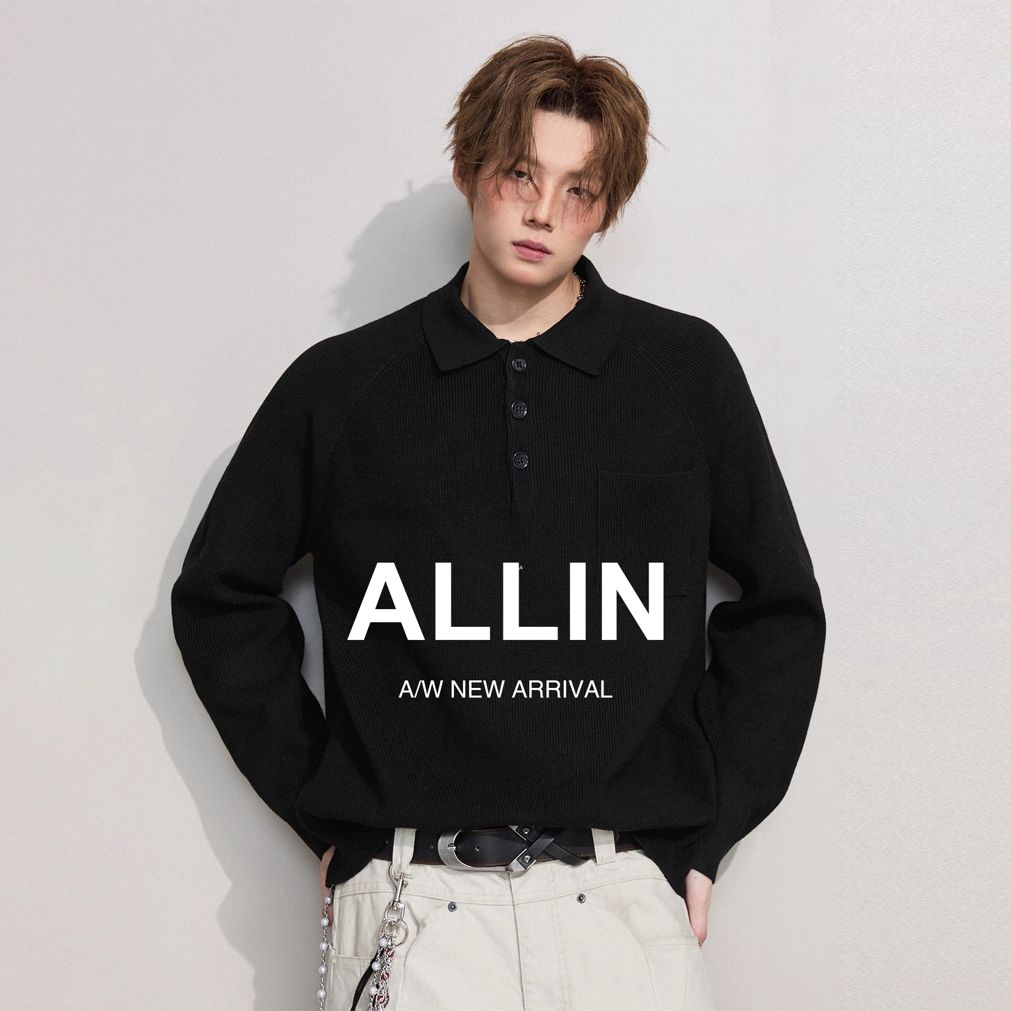 ALLIN 黑色POLO翻领毛衣男秋冬重磅保暖通勤情侣慵懒风针织衫上衣