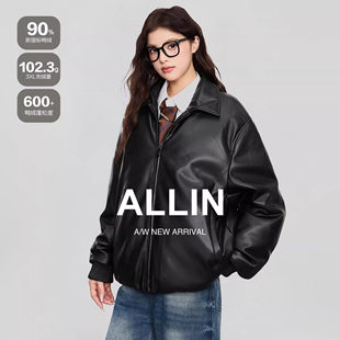 ALLIN 保暖情侣机车夹克外套 黑色cleanfit翻领PU皮衣羽绒服女冬季