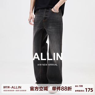 男春秋高街潮牌宽松痞帅直筒阔腿长裤 破洞水洗牛仔裤 子 美式 ALLIN