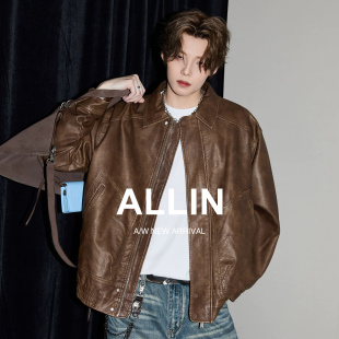 ALLIN 美式复古PU皮夹克男春秋cleanfit翻领机车休闲情侣皮衣外套