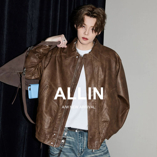 ALLIN 美式复古PU皮夹克男春秋cleanfit翻领机车休闲情侣皮衣外套