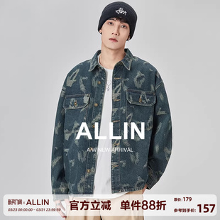 春秋潮牌宽松翻领大口袋休闲痞帅夹克 刮痕牛仔外套男士 ALLIN 美式