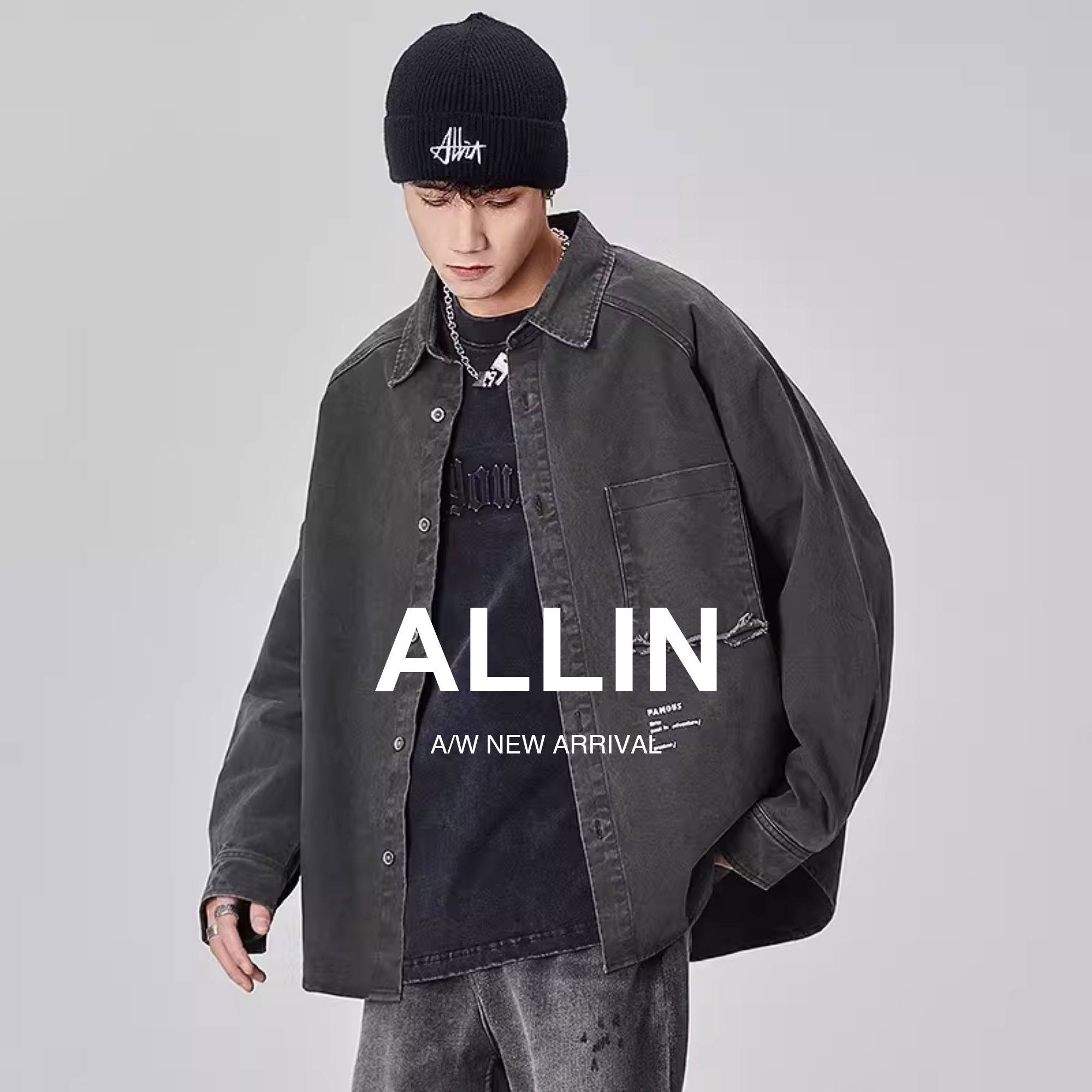 ALLIN 美式复古水洗衬衫男秋冬长袖上衣休闲重磅工装衬衣翻领外