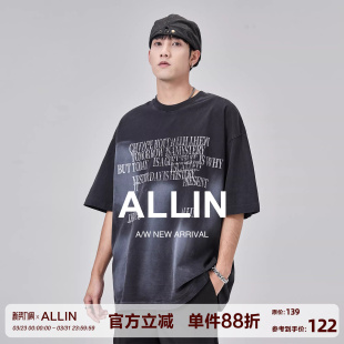 潮牌字母印花纯棉重磅圆领半袖 t恤男夏季 上衣 黑色洗水短袖 ALLIN