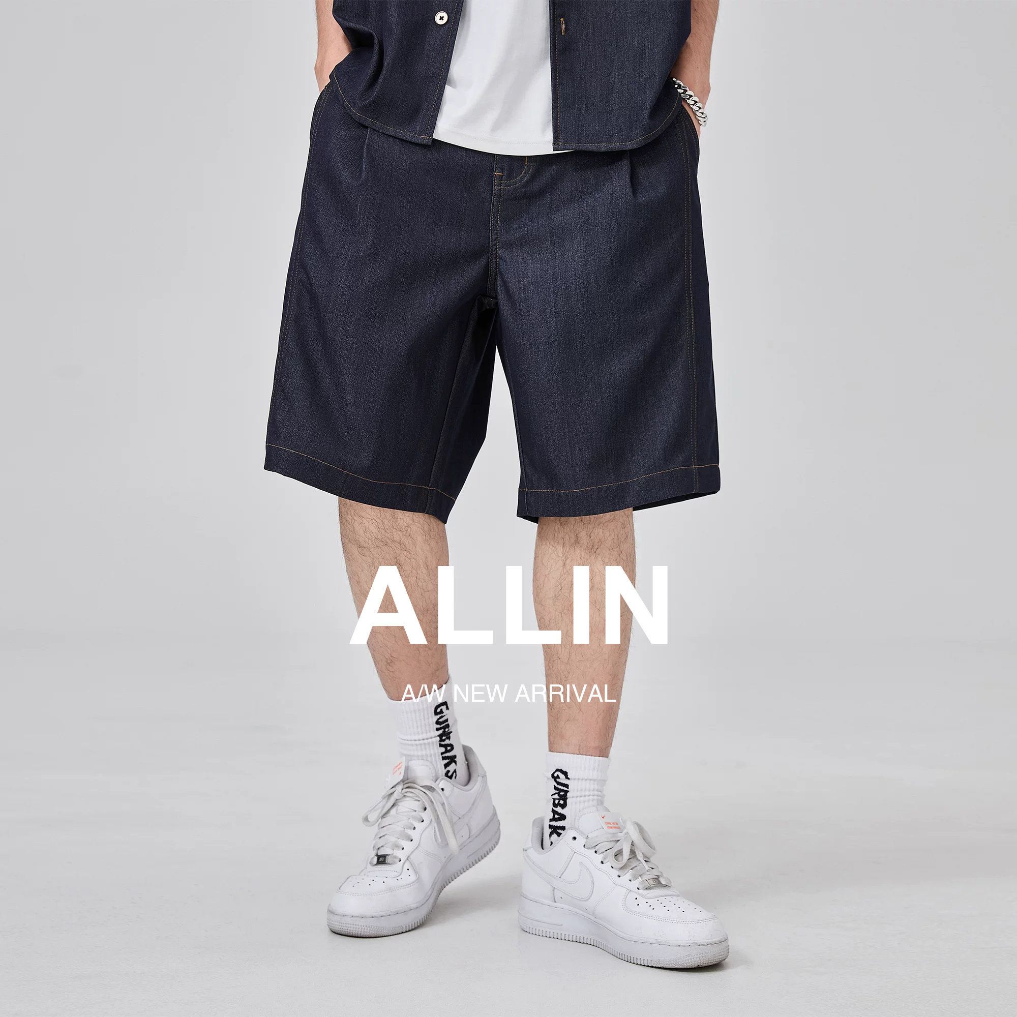 ALLIN 复古牛仔短裤男夏季薄款裤子宽松潮牌休闲直筒五分中裤外穿